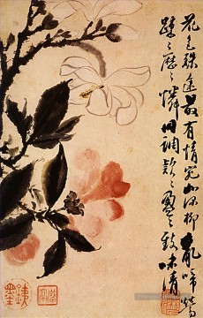  vers - Shitao deux fleurs dans la conversation 1694 vieille encre de Chine